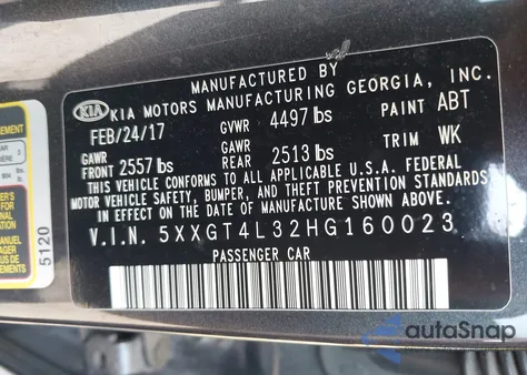 2017 Kia Optima Lx z USA, uszkodzony, nr VIN 5XXGT4L32HG160023